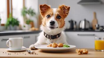 ai gerado fofa cachorro sentado dentro a cozinha às a mesa foto