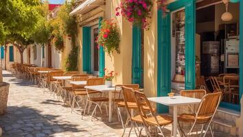 ai gerado verão cafeteria em a rua dentro Grécia foto