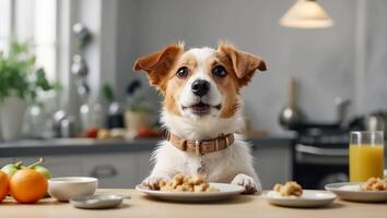 ai gerado fofa cachorro sentado dentro a cozinha às a mesa foto