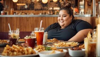 ai gerado retrato do uma muito gordo mulher dentro uma cafeteria foto