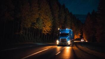 ai gerado moderno caminhão dirigindo em a estrada às noite dentro verão foto