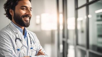 ai gerado sorridente masculino médico dentro clínica foto