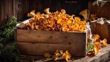 ai gerado cru chanterelle cogumelos em a velho fundo foto