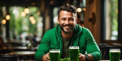 ai gerado homem com vidro do verde Cerveja às Barra foto