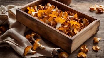 ai gerado cru chanterelle cogumelos em a velho fundo foto