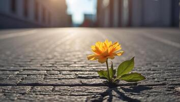 ai gerado lindo solitário flor cresce a partir de asfalto foto