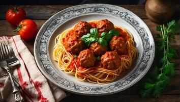 ai gerado delicioso apetitoso almôndegas com espaguete, tomate molho dentro a cozinha foto