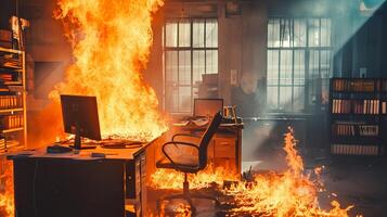ai gerado fuga a queimando escritório, intenso local de trabalho fogo desastre foto