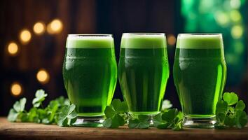 ai gerado óculos com verde cerveja, trevo folhas fundo foto