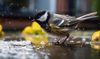 ai gerado ótimo tit parus principal dentro uma poça depois de a chuva foto