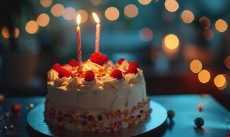 ai gerado aniversário bolo com queimando velas em mesa contra borrado luzes fundo. foto