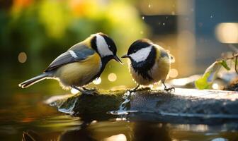 ai gerado dois ótimo tit pássaros, parus principal, bebendo água a partir de uma fonte. foto