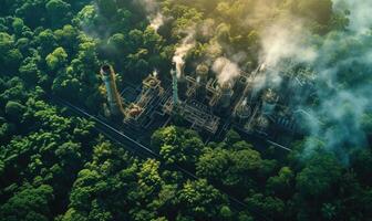 ai gerado aéreo Visão do poder plantar com fumar chaminés e verde floresta foto