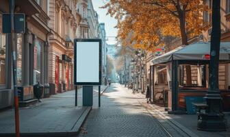 ai gerado em branco rua Painel publicitário em cidade rua. zombar acima do vertical publicidade ficar de pé dentro a rua foto