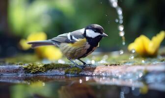 ai gerado ótimo tit parus principal dentro uma poça depois de a chuva foto