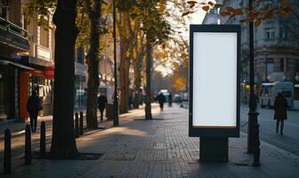 ai gerado em branco rua Painel publicitário em cidade rua. zombar acima do vertical publicidade ficar de pé dentro a rua foto