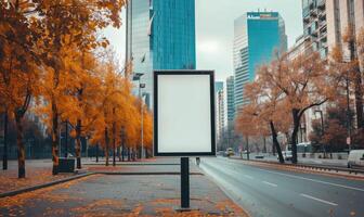 ai gerado em branco rua Painel publicitário em cidade rua. zombar acima do vertical publicidade ficar de pé dentro a rua foto