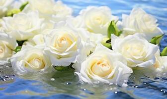 ai gerado lindo branco rosas em água superfície, fechar-se. floral fundo foto
