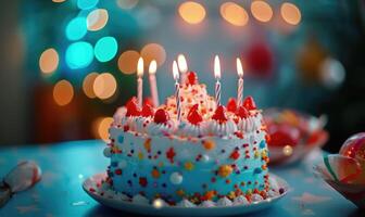 ai gerado aniversário bolo com queimando velas em borrado luzes fundo, fechar-se foto