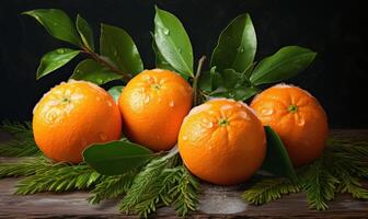 ai gerado fresco tangerinas com verde folhas em de madeira mesa. Sombrio rústico estilo. foto