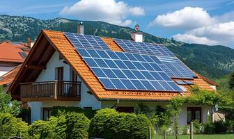 ai gerado moderno casa com solar painéis em cobertura e montanhas dentro a fundo. foto