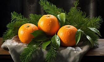 ai gerado Natal ainda vida com tangerinas e abeto galhos em Sombrio fundo foto