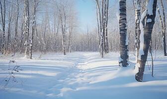 ai gerado inverno floresta dentro ensolarado dia. inverno panorama com árvores coberto com neve foto