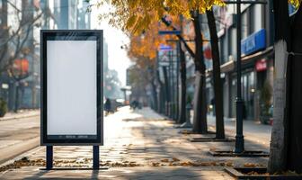 ai gerado em branco rua Painel publicitário em cidade rua. zombar acima do vertical publicidade ficar de pé dentro a rua foto