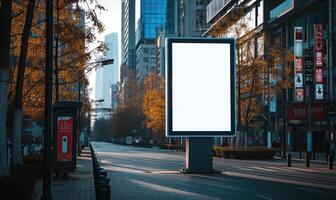 ai gerado em branco rua Painel publicitário em cidade rua. zombar acima do vertical publicidade ficar de pé dentro a rua foto