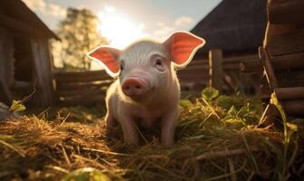 ai gerado porco dentro a Vila às pôr do sol. porquinho em a campo. foto