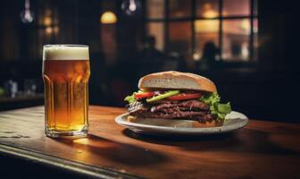 ai gerado uma Hamburger e uma vidro do Cerveja em uma de madeira mesa dentro uma bar foto