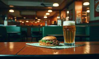 ai gerado Hamburger com francês fritas e uma vidro do Cerveja dentro uma bar foto