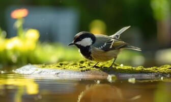 ai gerado ótimo tit parus principal dentro uma poça depois de a chuva foto