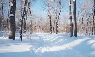 ai gerado inverno floresta dentro ensolarado dia. inverno panorama com árvores coberto com neve foto