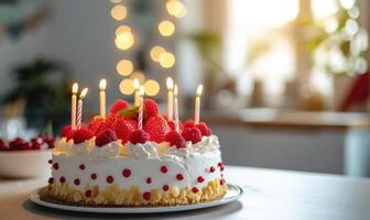 ai gerado aniversário bolo com queimando velas em mesa contra borrado luzes fundo. foto