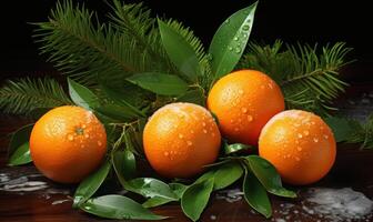 ai gerado Natal ainda vida com tangerinas e abeto galhos em Sombrio fundo foto