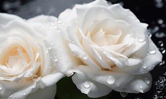 ai gerado lindo branco rosas com água gotas em Preto fundo, fechar-se foto