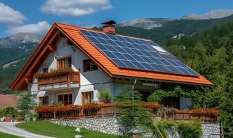 ai gerado moderno casa com solar painéis em cobertura e montanhas dentro a fundo. foto