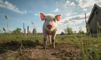 ai gerado porco dentro a Vila às pôr do sol. porquinho em a campo. foto