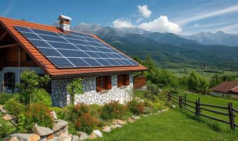 ai gerado moderno casa com solar painéis em cobertura e montanhas dentro a fundo. foto