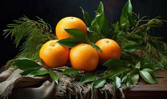 ai gerado Natal ainda vida com tangerinas e abeto galhos em Sombrio fundo foto