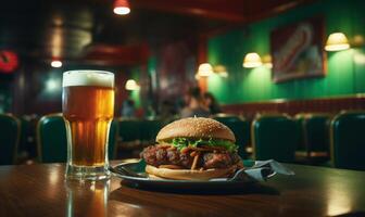 ai gerado Hamburger com uma vidro do Cerveja em uma mesa dentro uma bar foto