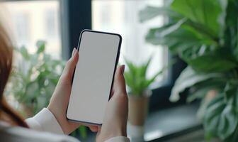 ai gerado brincar imagem do uma mulher mãos segurando uma Smartphone com uma branco tela. foto