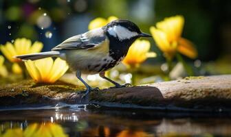 ai gerado ótimo tit parus principal dentro uma poça depois de a chuva foto