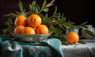 ai gerado fresco tangerinas com verde folhas em de madeira mesa. Sombrio rústico estilo. foto