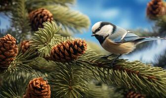 ai gerado azul tit tit em uma abeto ramo com cones dentro a outono floresta. foto