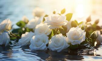 ai gerado lindo branco rosas em a água superfície dentro pôr do sol claro. romântico fundo. foto