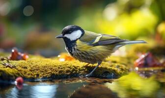 ai gerado ótimo tit parus principal dentro uma poça depois de a chuva foto