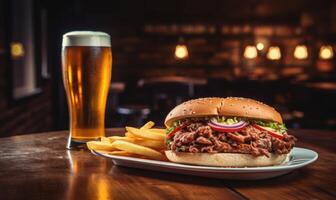 ai gerado Hamburger com francês fritas e uma vidro do Cerveja dentro uma bar foto