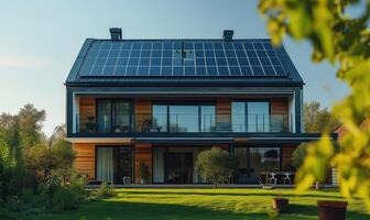 ai gerado moderno casa com solar painéis instalado em a teto. moderno casa com solar painéis instalado em a teto. foto